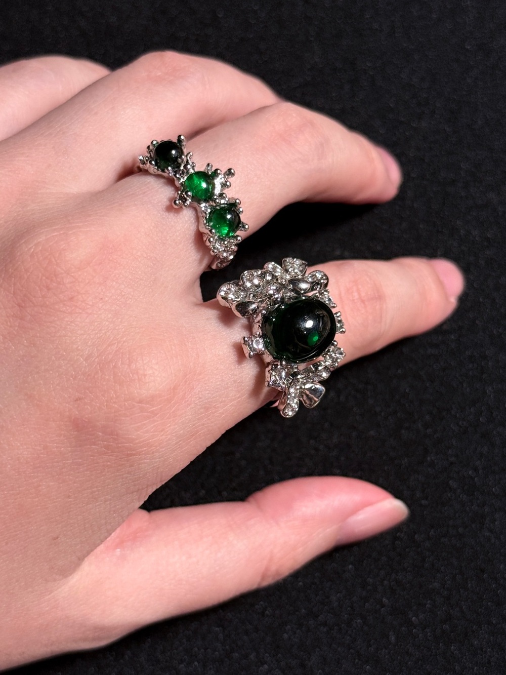 Silver Green Gemstone Statement Rings - Elegant Women Jewelry